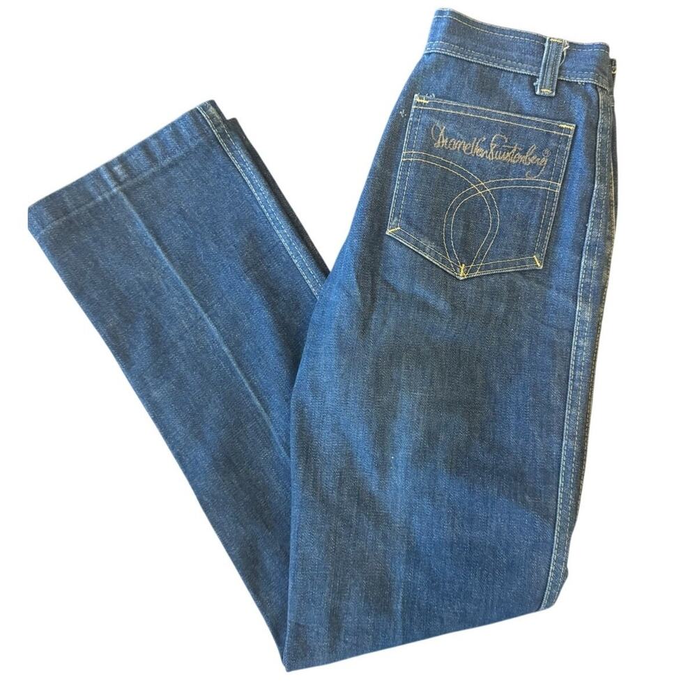 Vintage 70s Diane Von Furstenberg DVF Blue Jeans Womens Straight Leg Logo Icon 0